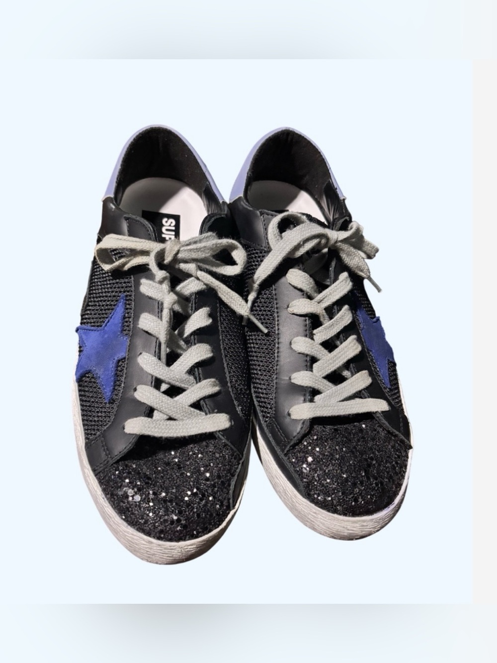GOLDEN GOOSE- Superstar Black glitter with Blue Star Accent sz 8 (39) - Picture 4 of 10
